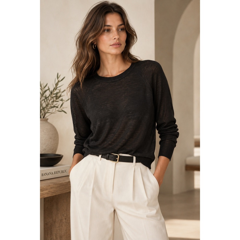 Banana Republic Women's Black Linen Blend Raglan Long Sleeve Sweater- Small